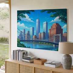 Modern City Skyline Canvas Wall Art with Bridge and River Urban Landscape Print