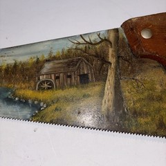 Vintage Rustic Country Art Scenery Watermill Field Pond Hand Painted Hand Saw