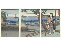 Japanese Art 3 Panel Print Triptych «Prince Genji in Suma» by Hiroshige Utagawa