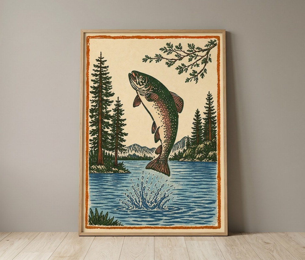 Vintage Trout Fish Unframed Poster Rainbow Salmon Art Mountain Lake Decor