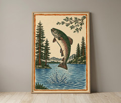 Vintage Trout Fish Unframed Poster Rainbow Salmon Art Mountain Lake Decor