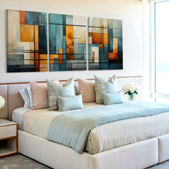 3 Pieces Abstract Geometric Blue Orange Modern Large Wall Art Canvas Set Of 3