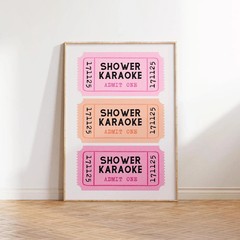 Shower Karaoke Poster Retro Ticket Pink Orange Bathroom Wall Art