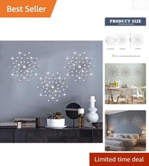 3 Pack Silver Starburst Wall Art Metal 18in Crystal Rhinestones Home Decor