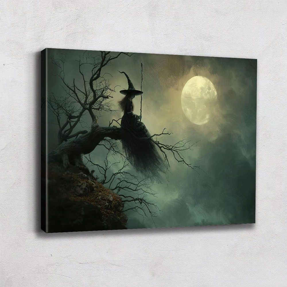 Witch On Dead Tree Full Moon Framed Canvas, Dark Gothic Halloween Spooky Wall