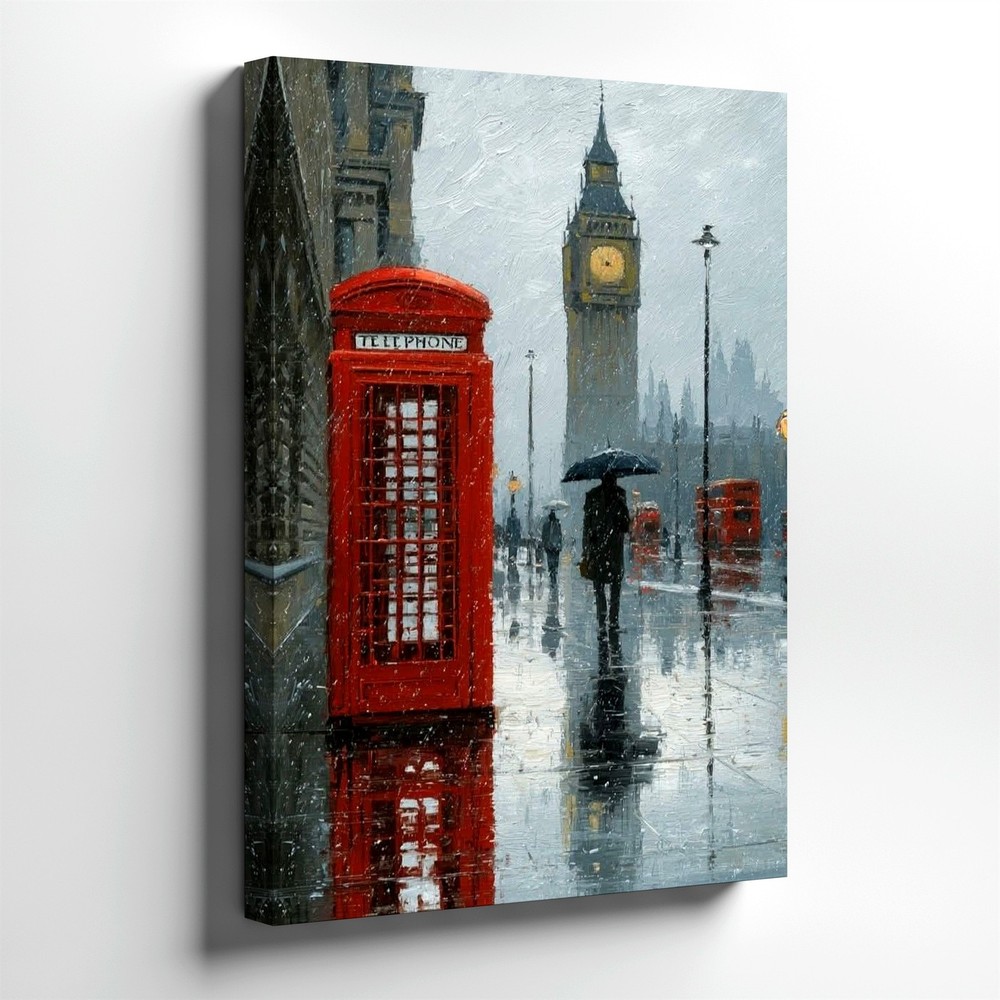 Wall Art London Rainy Street Big Clock Red Telephone Booth Canvas Print Decor