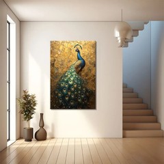 Vintage Golden Peacock Canvas Painting Vibrant Blue And Green Feathers Wall Art