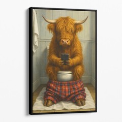Highland Cow On The Phone On The Toilet Funny Cow Canvas Print Wall Art