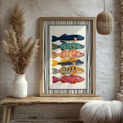 Colorful Fish Poster Retro Coastal Kitchen Wall Art Vibrant Seafood Illustration