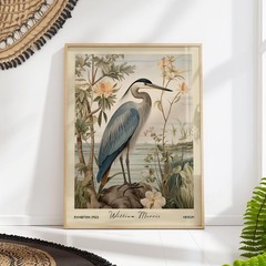 William Morris Heron Poster, Vintage Botanical Wildlife Wall Art Decor