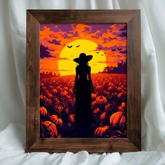 Witch Silhouette Pumpkin Field Wall Art | Halloween Sunset Landscape Print Art