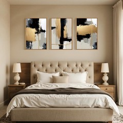 Abstract Black Gold Framed Canvas Wall Art Set,Modern Minimalist Black White …