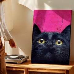 Wall Art Black Cat Portrait Print Pink Background Animal Canvas Home Decor Room