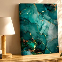 Wall Art Abstract Teal Green Gold Marble Fluid Ink Poster Canvas Print Decor