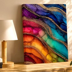 Wall Art Abstract Alcohol Ink Painting Colorful Gold Glitter Waves Canvas Print