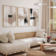 Beige Abstract Wall Art Painting Set of 3 Neutral Canvas Wall Art Prints Black B