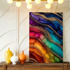 Wall Art Abstract Alcohol Ink Painting Colorful Gold Glitter Waves Canvas Print