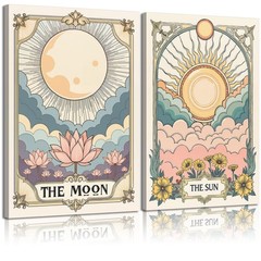 2Pcs Vintage Sun and Moon Canvas Wall Art Neutral 16L» x 12W»Canvas,