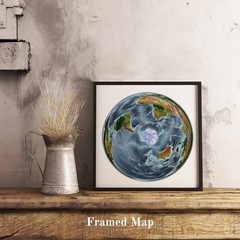 World Map, WGS 1984 Grid South Projection World Map, Framed World Relief Map