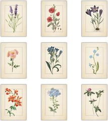 Vintage Flower Wall Art Set of 9 – 8×10 inch Botanical Prints – Antique Floral I