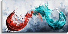48×24″ Abstract Wine Art Canvas, Waterproof Blue Red Dining Room Decor