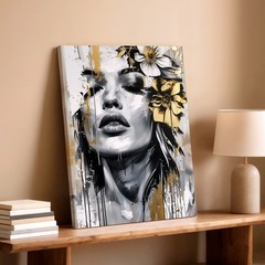 Wall Art Abstract Woman Face Floral Canvas Print Black White Gold Modern Decor
