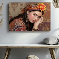 Bohemian Woman Portrait Canvas Wall Art Colorful Headscarf Floral Print Decor