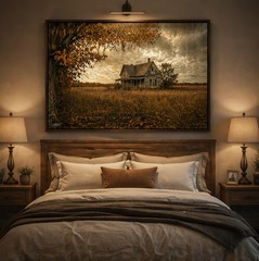 Vintage Abandoned Farmhouse Autumn Canvas Wall Art – Landscape Home Decor Print