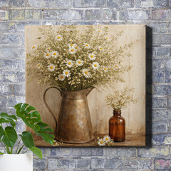 White daisy still life with vintage metal pitcher Art Print rustic floral decor