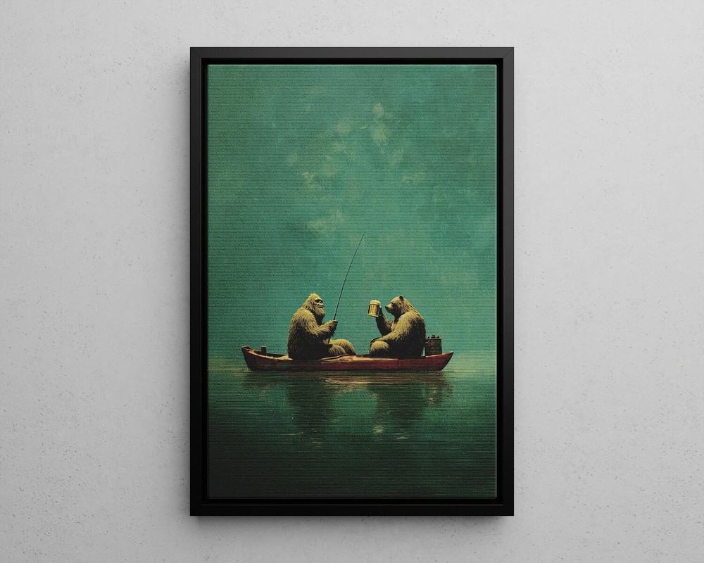 Bigfoot & Grizzly Canoe Poster | Retro Whimsical Animal Lake House Wall Art