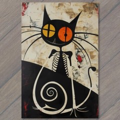 Art Print Cat Surreal Skeleton Black Cubist Abstract Art Spiral Eyes Minimalist