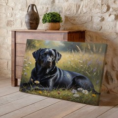 Black Labrador Canvas Wall Art Floral Meadow Nature Dog Animal Print Decor
