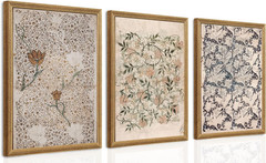 Bohemian Botanical Wall Art Set of 3 Vintage Floral Canvas Prints for Home & Kit