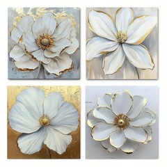 4pcs Floral Golden Grey Flower Picture Wall Art Canvas Unframed/Framed