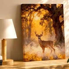 Wall Art Deer in Forest Golden Light Rustic Wildlife Landscape Painting Decor