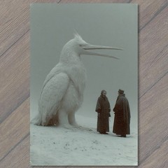 Art Print Giant White Heron Cloaked Figures Snowy Fog Surreal Encounter