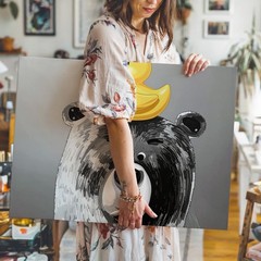 Wall Art Canvas a Black and White Illustration of a Bear with a Rubber Duck