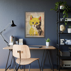 Vintage CAT Meow or Never Wall Art, Retro Kitten Cute Animal Decor, Yellow Cat