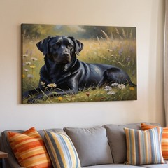 Black Labrador Canvas Wall Art Floral Meadow Nature Dog Animal Print Decor