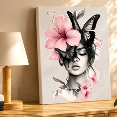 Wall Art Woman Face Portrait with Pink Flowers Black Butterflies Floral Print