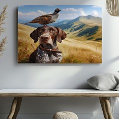 Dog with bird on head wildlife nature canvas wall art mountain landscape decor