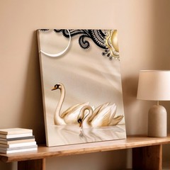 Floral Canvas White Swan Pair Beige Abstract Floral Farmhouse Office Home Print
