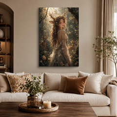 Deer Girl Canvas Wall Art Fantasy Forest Antler Woman Cottagecore Boho Home Deco