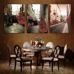 Vintage Street Scenery Red Flowers 3 Pieces Canvas Print Wall Art Home Decor