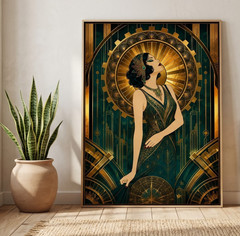 Art Deco Flapper Girl Wall Art Vintage Emerald Green Gold Luxury Lady Poster