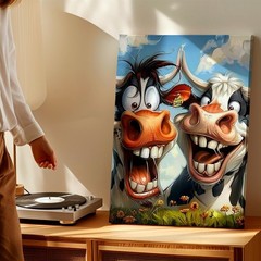 Wall Art Funny Cartoon Cows Print Laughing Farm Animal Canvas Home Decor Poster