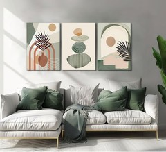 3Pcs Mid-Century Modern Boho Abstract Canvas Wall Art — Neutral Green Bohemian..