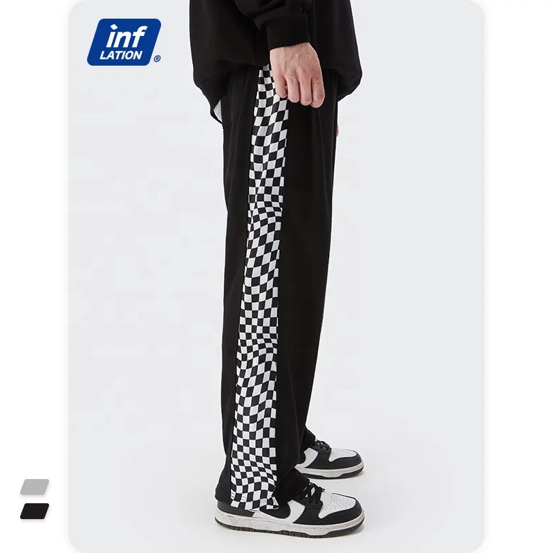 Unisex Side Plaid Print Cotton Straight Stacked Wide Leg Sweatpants