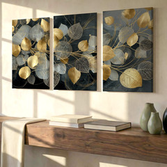 3 Pieces Elegant Gold Silver Leaf Dark Background Large Wall Art for Set Of 3
