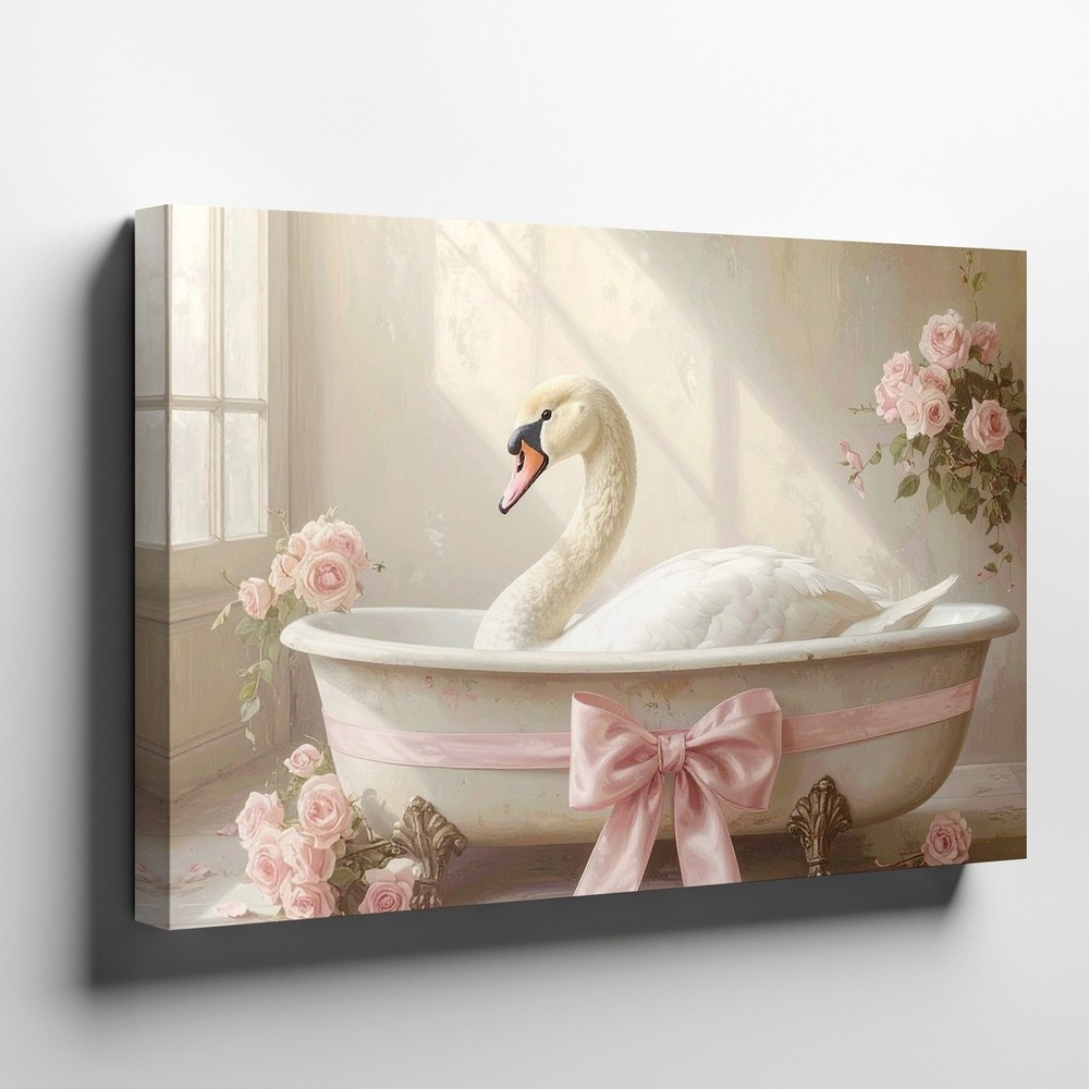 Canvas Wall Art a Swan Sitting in a Vintage Bathtub Adorned with a Large Pink